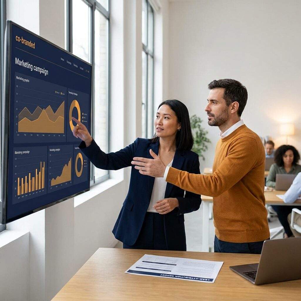 Two colleagues present marketing data on a large wall-mounted screen displaying charts and graphs in a bright office.