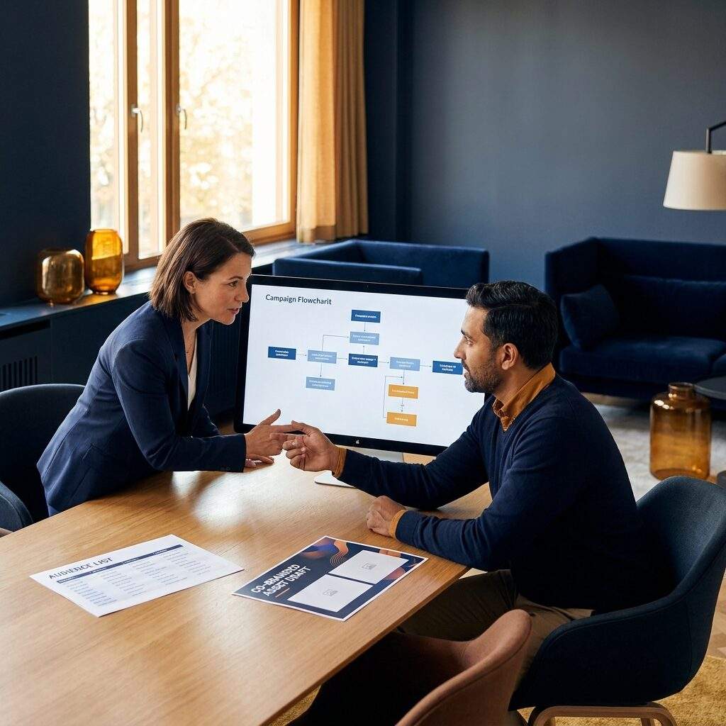 A partner marketing manager and a partner's marketing lead planning a joint campaign on a screen, a shared audience list and a co-branded asset draft on the table between them, deep navy and warm amber palette