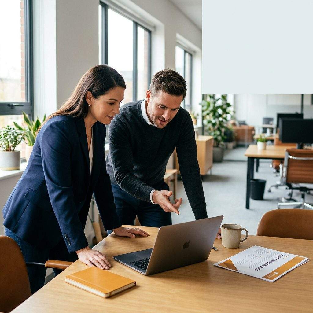 A partner marketing manager and a technology partner's demand-gen lead planning a co-branded webinar on a shared laptop in a bright office, a printed joint campaign brief on the desk, deep navy and warm amber palette
