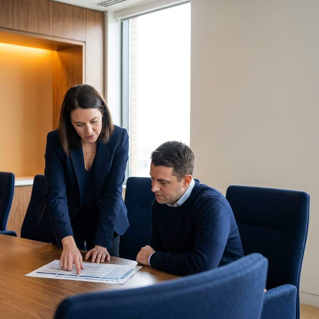 A partner program lead reviewing an onboarding activation plan with a new reseller in a conference room, a printed 30-60-90 day partner plan on the table, deep navy and warm amber palette