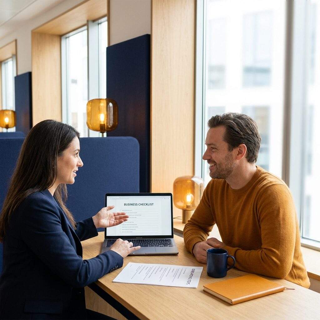 A partner operations manager walking a new partner through an onboarding checklist on a laptop in a bright office, a printed step-by-step onboarding sheet on the desk, deep navy and warm amber palette