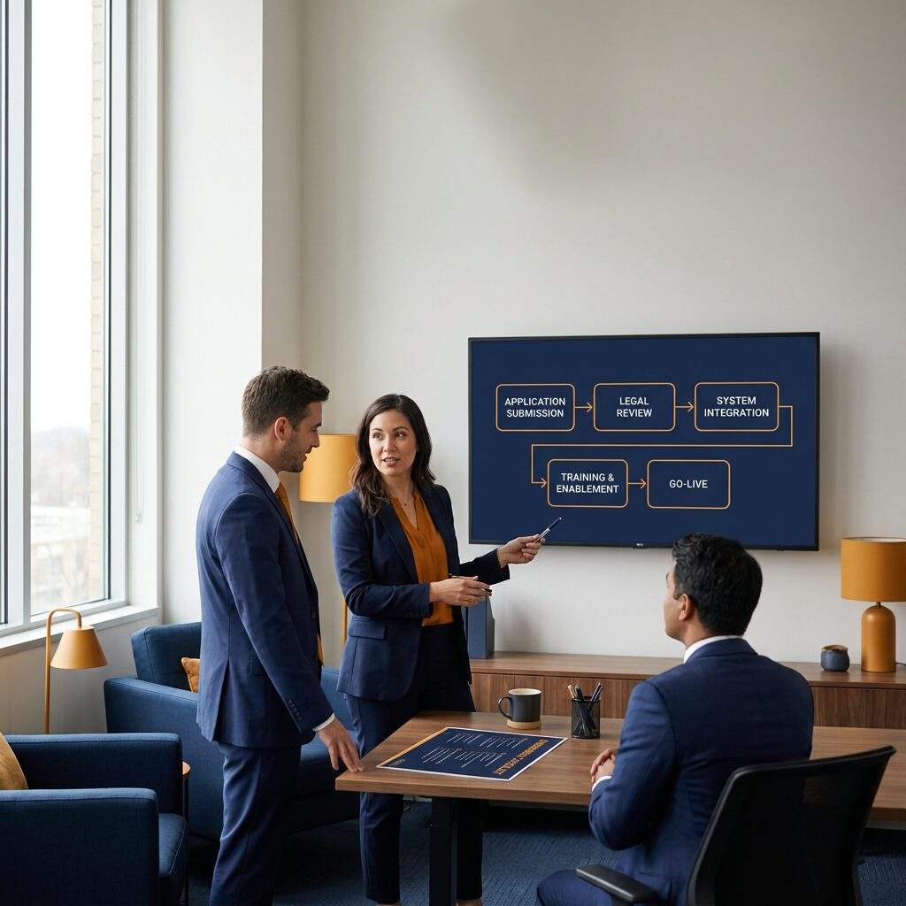 A partner operations lead walking a new partner through a partner onboarding process flow chart on a wall monitor, the stages and owners drawn as connected boxes, a printed onboarding checklist on the desk between them, deep navy and warm amber palette