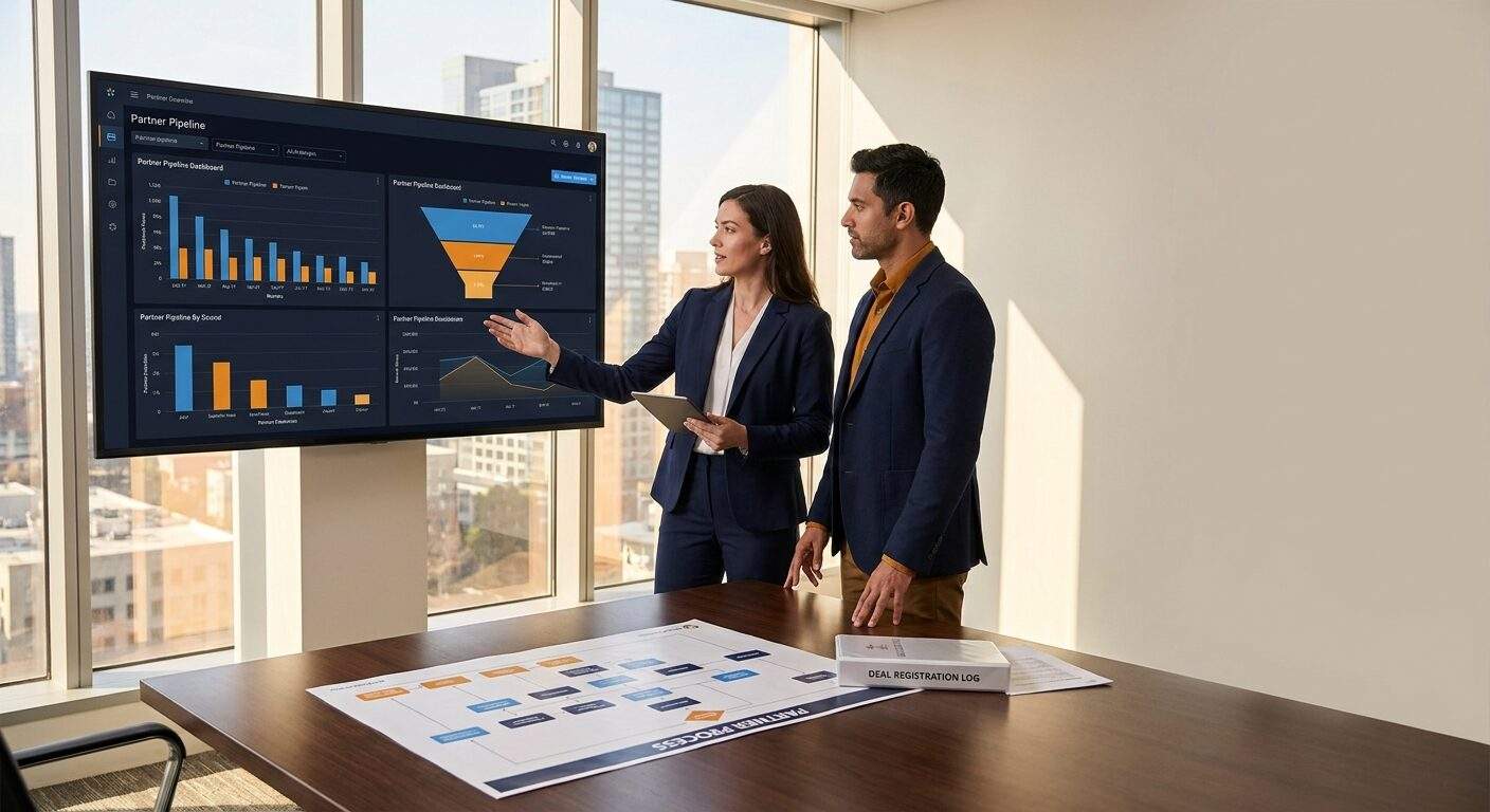 A partner operations manager walking a partnerships leader through a partner-sourced pipeline dashboard on a wall monitor, a printed process map and deal-registration log on the table, deep navy and warm amber palette