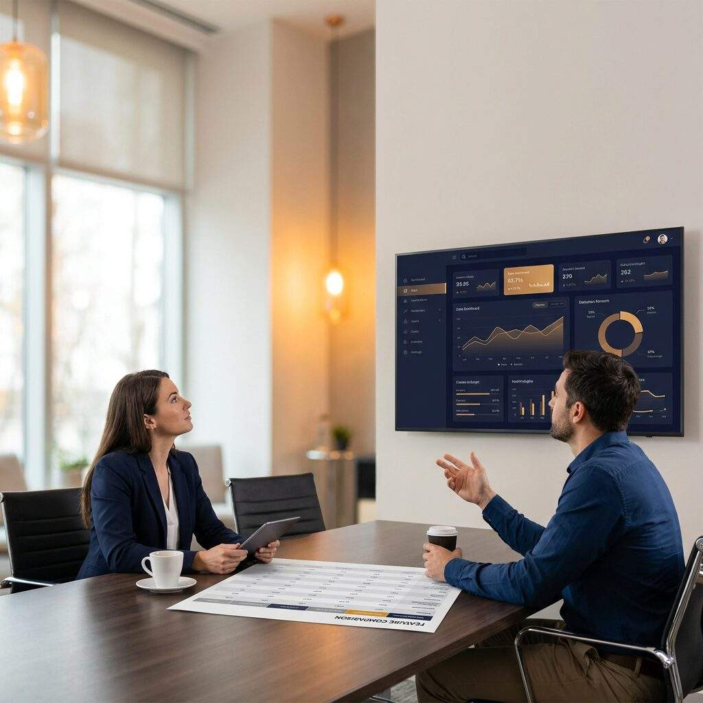 A partner operations manager and an IT lead reviewing a partner portal dashboard on a large monitor in a modern office, a printed feature comparison sheet on the desk, deep navy and warm amber palette