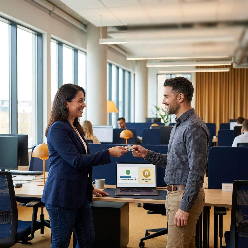 A partner enablement lead awarding a certification badge to a partner rep at a laptop showing a completed learning path and a tier status, in an open office, deep navy and warm amber palette