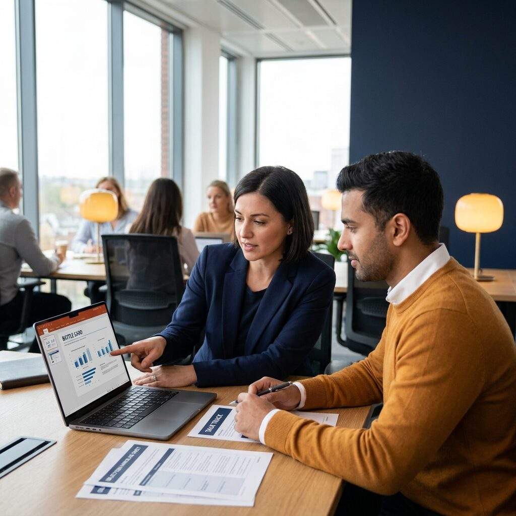 A partner enablement manager coaching a partner's sales rep through a demo and a battle card on a laptop before a customer call, a printed talk track and objection sheet on the desk in an open office, deep navy and warm amber palette