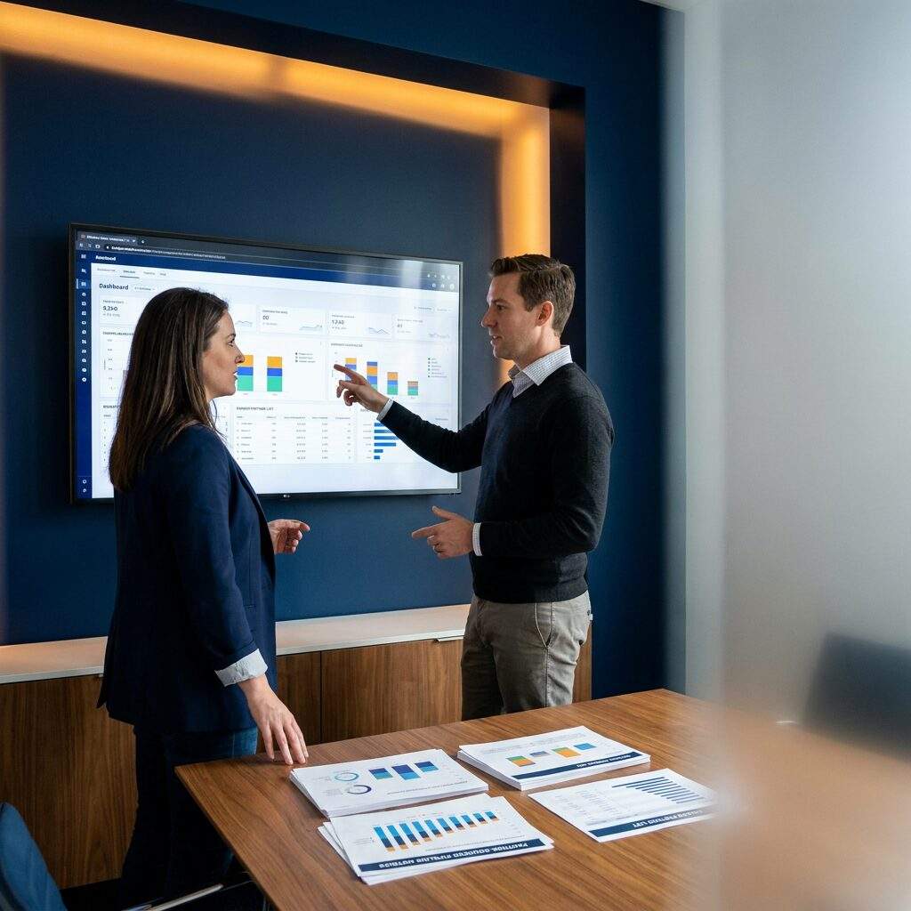 A partnerships leader and a RevOps analyst reviewing a partner scorecard on a wall monitor, printed partner-sourced pipeline metrics and a ranked partner list on the table, deep navy and warm amber palette