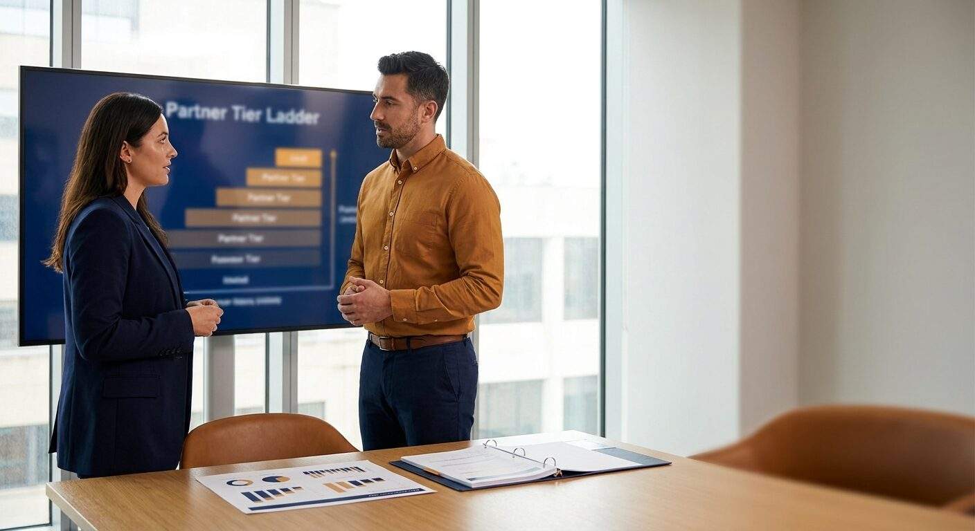 A partnerships leader and a RevOps analyst reviewing a partner tier ladder on a wall monitor, a printed tier requirements sheet and partner-sourced revenue chart on the table, deep navy and warm amber palette