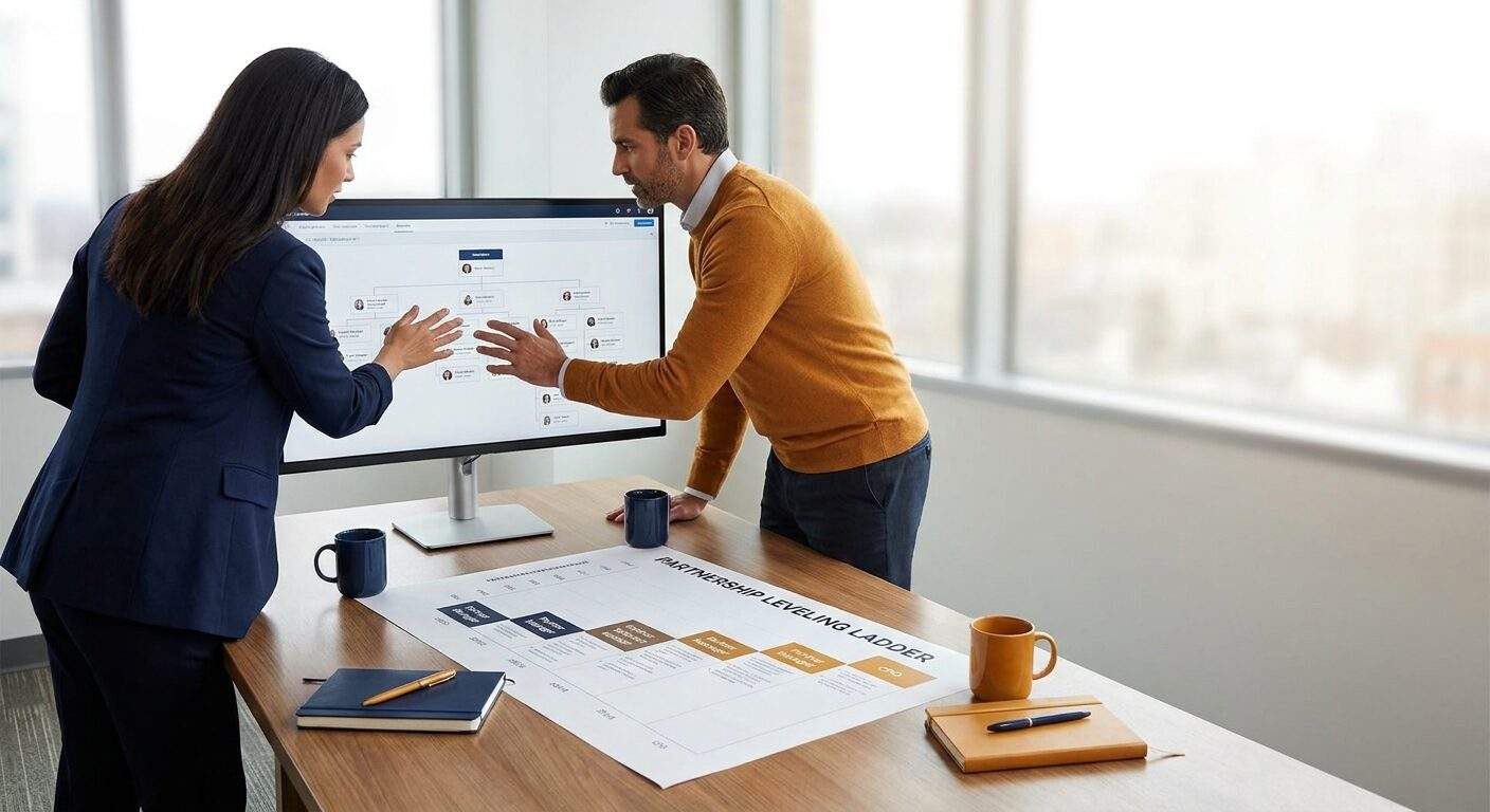 A head of partnerships and an HR lead mapping partnership job titles onto an org chart on a monitor, a printed leveling ladder from partner manager to CPO on the table, deep navy and warm amber palette