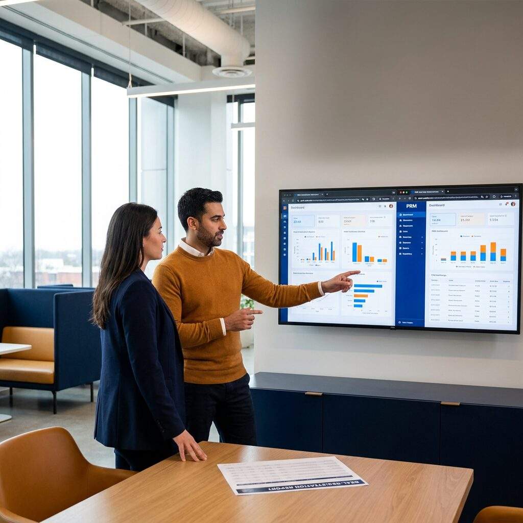 A partner operations lead and a RevOps analyst comparing two PRM software dashboards on a wall monitor in an open office, a printed deal-registration report on the table, deep navy and warm amber palette