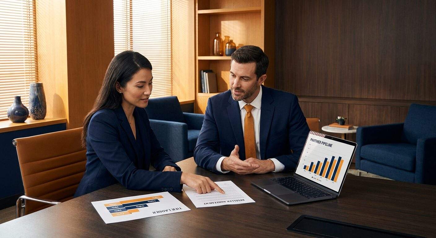 A partnerships leader and a reseller principal negotiating margin tiers across a conference table with a printed reseller agreement and a tier ladder visible, a laptop showing partner pipeline, deep navy and warm amber palette