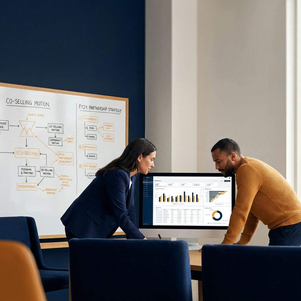A SaaS partnerships leader and a partner's account manager reviewing recurring revenue and retention on a dashboard, a co-selling motion mapped on a whiteboard beside them, deep navy and warm amber palette
