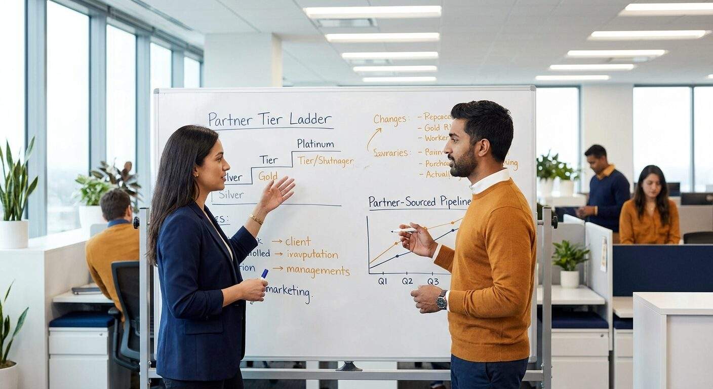 A SaaS partnerships leader mapping a partner program on a whiteboard with a RevOps colleague, tier ladder and partner-sourced pipeline chart visible, deep navy and warm amber palette