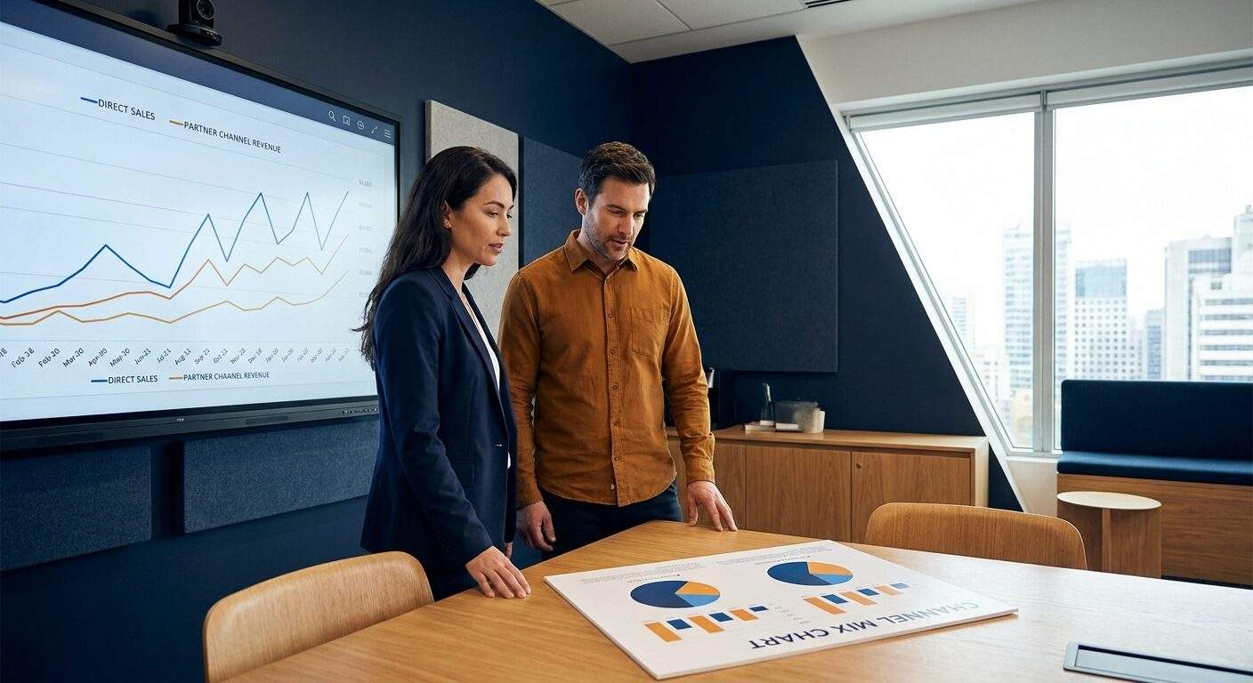 Two professionals review charts in a modern conference room with a large screen displaying sales graphs and a city skyline outside the window.