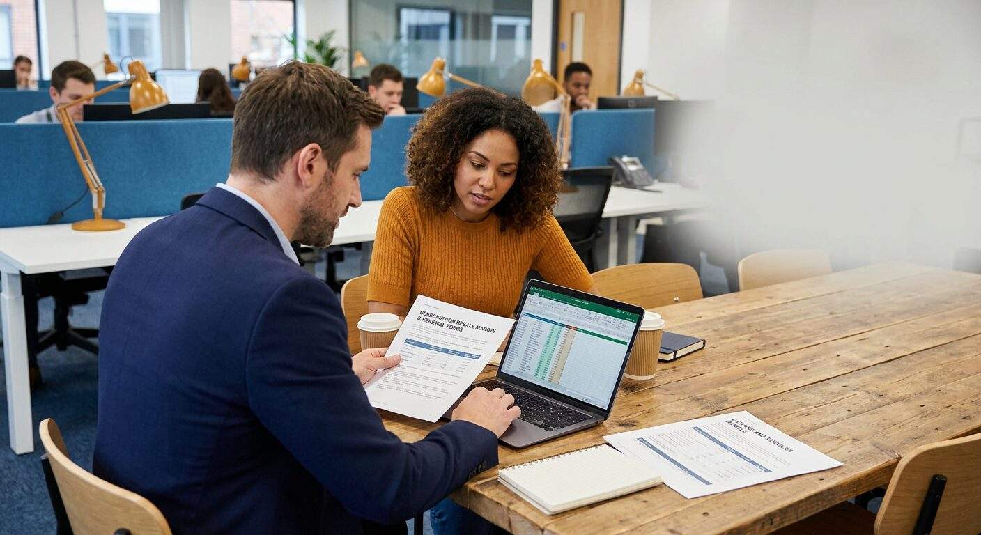 A SaaS vendor partnerships lead and a value-added reseller reviewing subscription resale margin and renewal terms on a laptop, a printed license and services bundle sheet on the table in an open office, deep navy and warm amber palette