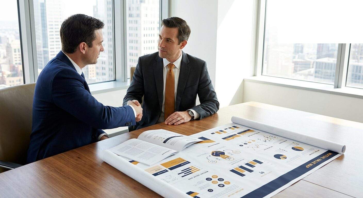 Two alliance leaders from partner companies shaking hands over a joint business plan at a conference table in a modern office, a printed mutual value map on the table, deep navy and warm amber palette
