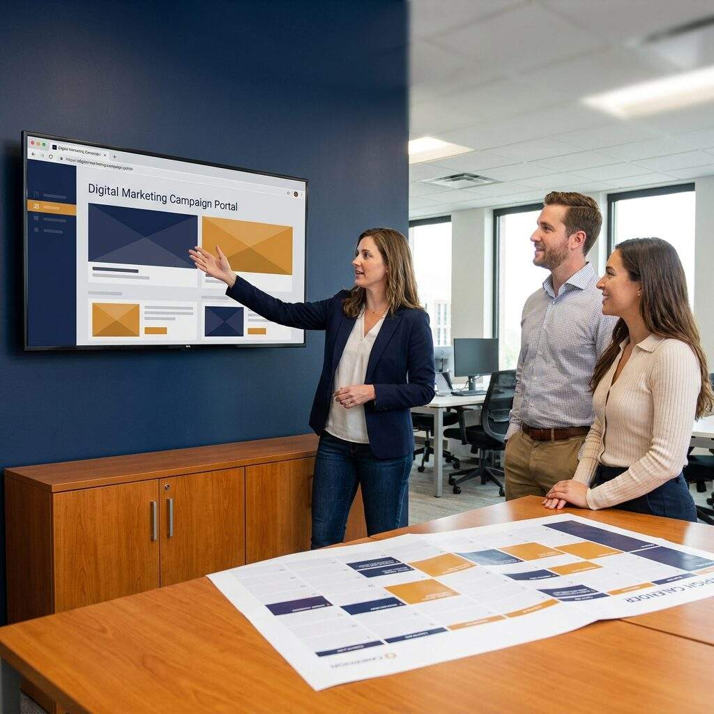 A partner marketing operations lead showing two channel partners how one campaign kit launches in their own branding, on a wall monitor in an open office, a printed campaign calendar on the desk, deep navy and warm amber palette