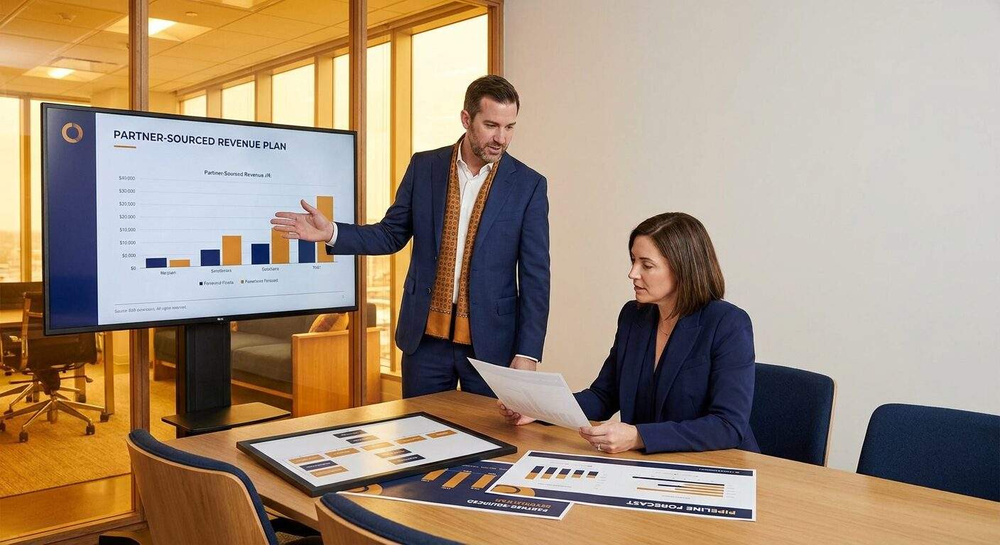 A VP of partnerships presenting a partner-sourced revenue plan to a CRO in a conference room, a printed org chart and pipeline forecast on the table, deep navy and warm amber palette