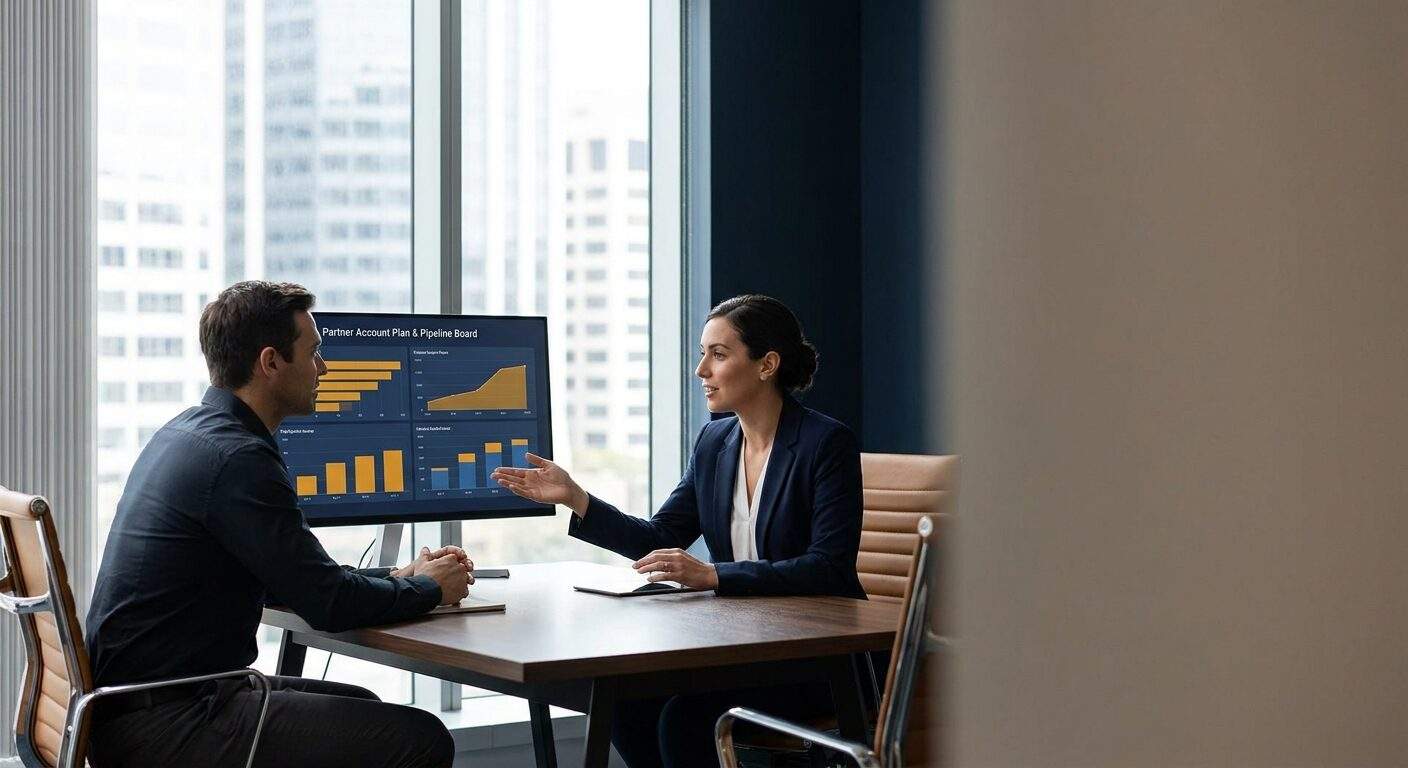 A channel manager running a partner deal review with a partner rep, a partner account plan and a pipeline board on the monitor behind them, deep navy and warm amber palette