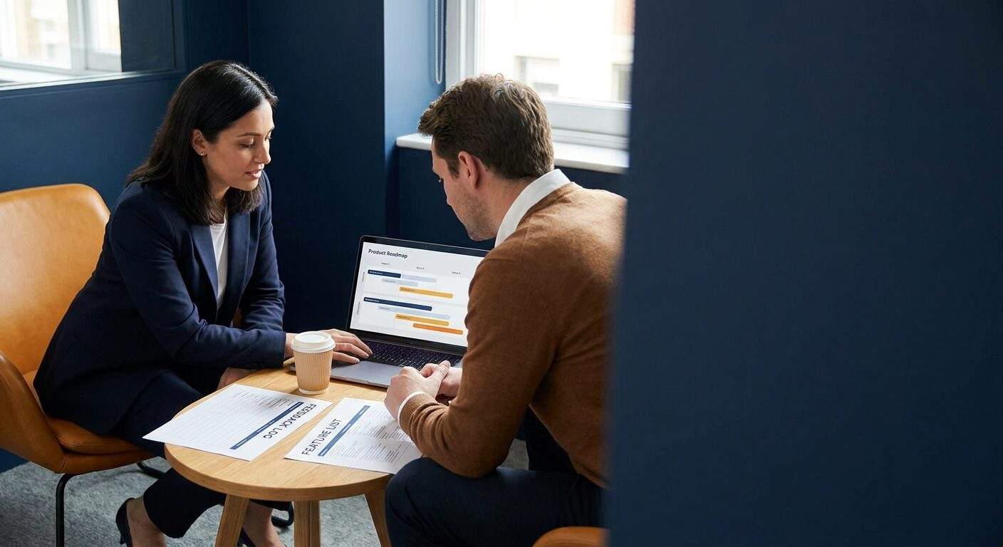 A product leader and an early design partner reviewing a product roadmap on a laptop across a small table, a printed feedback log and feature list visible, deep navy and warm amber palette