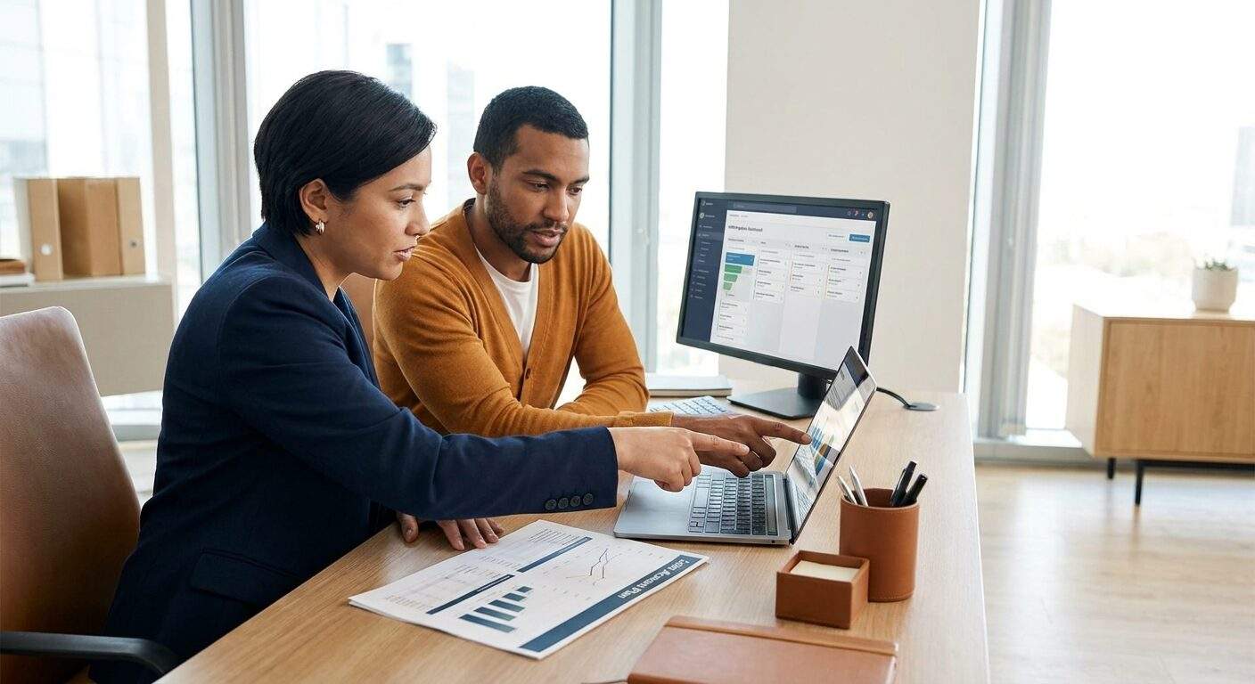 what-is-a-partner-manager-2 - Forecastable A partner manager running a co-sell deal review with a partner rep at a desk, a printed joint account plan and CRM pipeline view visible, deep navy and warm amber palette