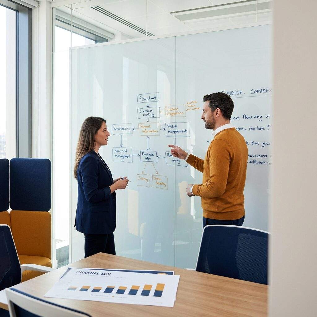 A revenue leader and a sales operations manager mapping direct and partner sales channels on a glass whiteboard in a bright office, a printed channel mix chart on the desk, deep navy and warm amber palette