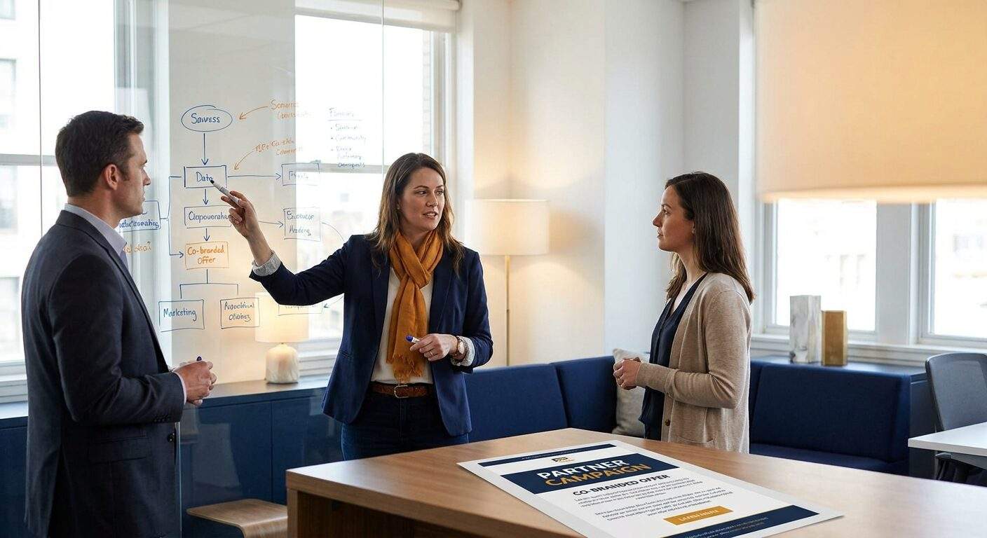 A partner marketing lead explaining a through-partner campaign flow on a glass whiteboard to two colleagues in a bright office, a printed co-branded email mockup on the desk, deep navy and warm amber palette
