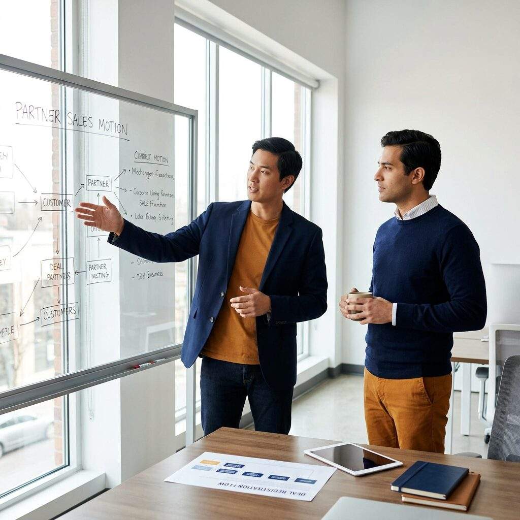 A channel manager explaining the partner sales motion on a glass whiteboard to a colleague in a bright office, a printed deal registration flow on the desk, deep navy and warm amber palette