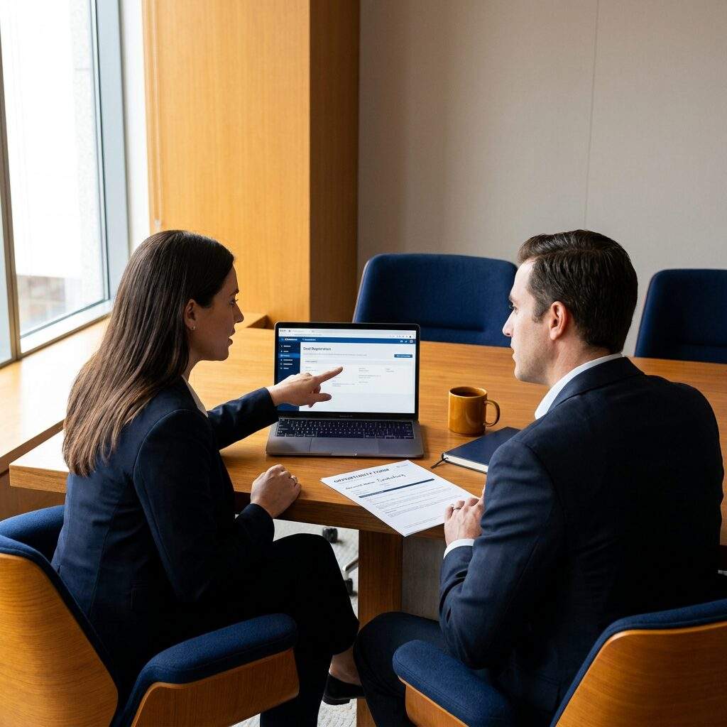 A partner account executive submitting a deal registration to a vendor channel manager on a laptop, a printed opportunity form and account name visible between them at a desk, deep navy and warm amber palette