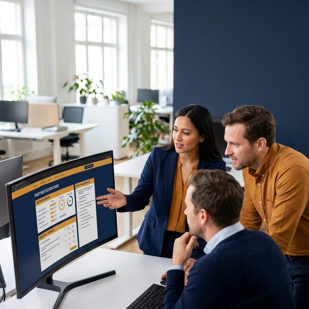 A partner enablement manager coaching two partner sellers through a live deal review at a shared screen, a partner scorecard and a first-deal checklist visible on the monitor, an open office in the background, deep navy and warm amber palette