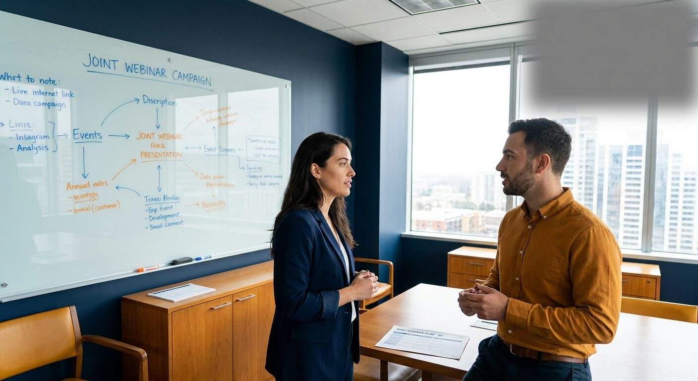 A partner marketing manager and a technology partner's marketer planning a co-branded campaign on a glass whiteboard in a bright office, a printed joint webinar plan on the desk, deep navy and warm amber palette
