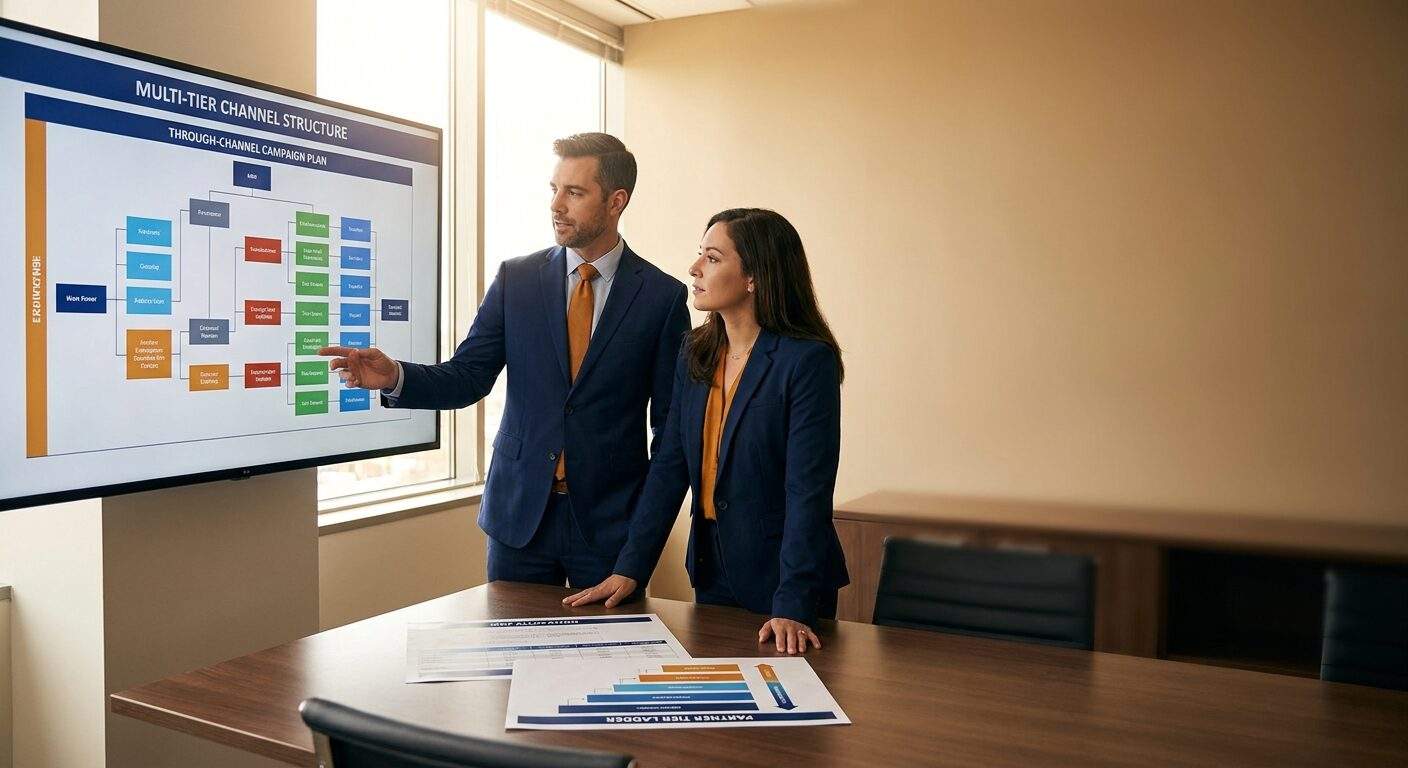 A channel operations director and a partner marketing manager reviewing a multi-tier channel structure and through-channel campaign plan on a large monitor, a printed MDF and partner tier ladder on the table, deep navy and warm amber palette