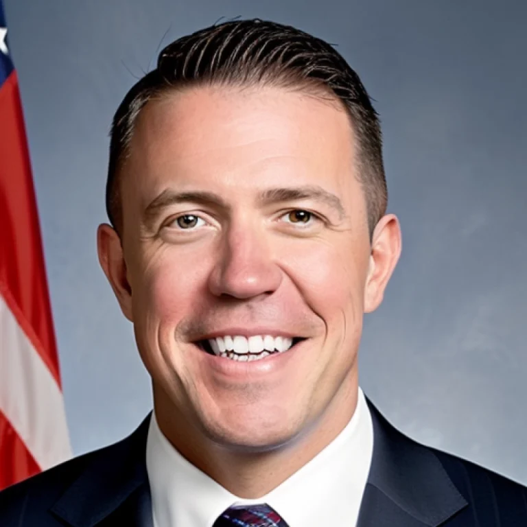 Professional portrait of a smiling man in a dark suit and tie, with an American flag in the background.