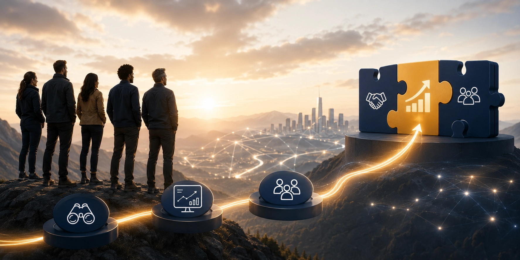 Six people stand on a rocky ridge at sunrise, looking toward a city skyline, with a large blue-yellow puzzle piece showing a rising graph.