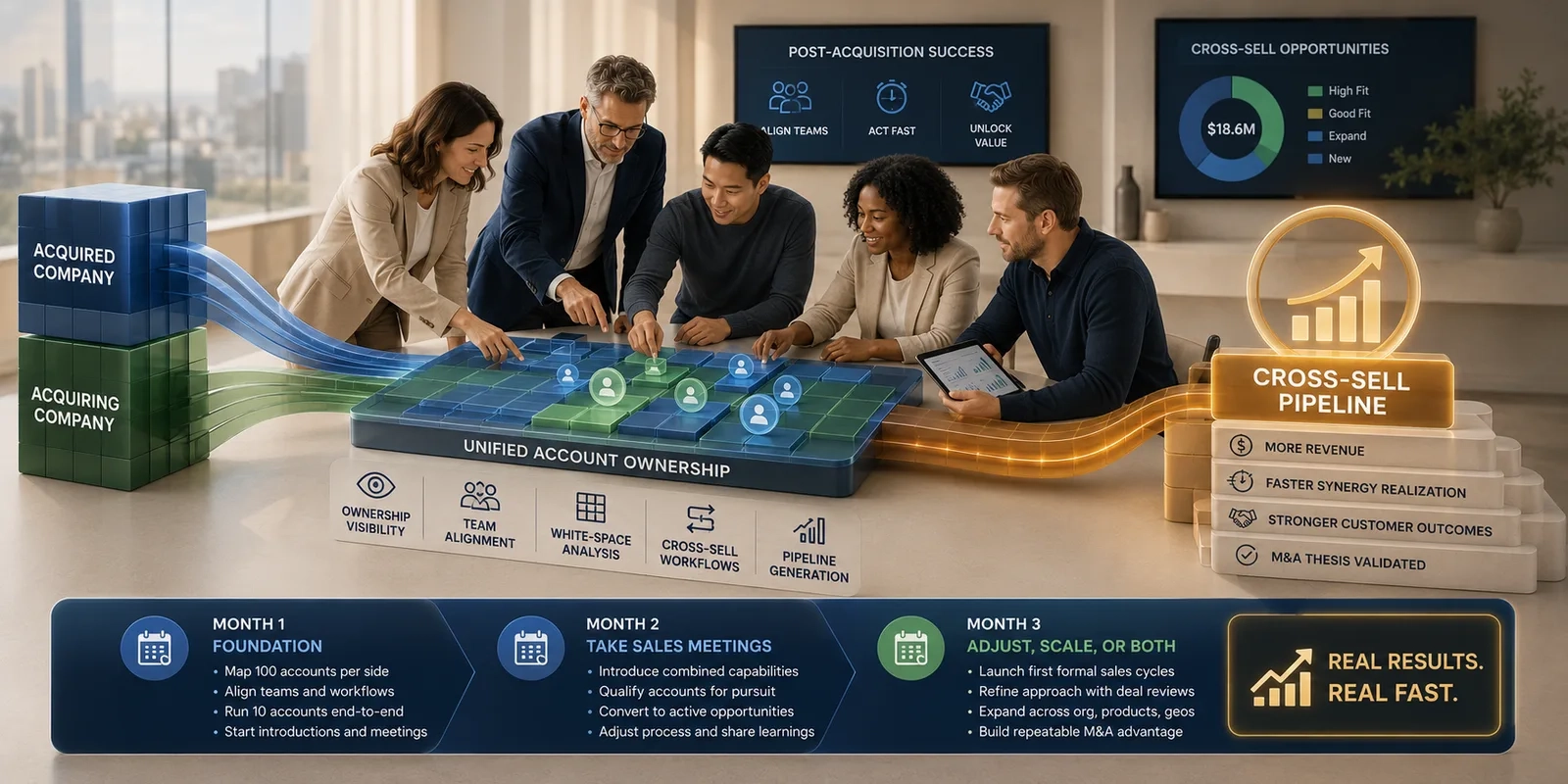 Team of five professionals manipulate a 3D growth model on a table, with blue and green blocks and a labeled pipeline map for acquisition and cross-sell.