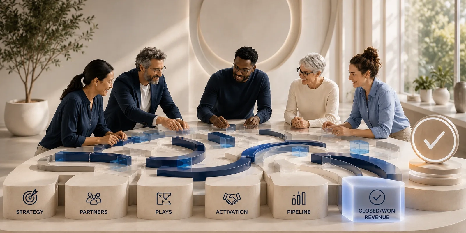 Team of five collaborating around a circular strategy board with modules for Strategy, Partners, Plays, Activation, Pipeline, and Closed/Won Revenue.