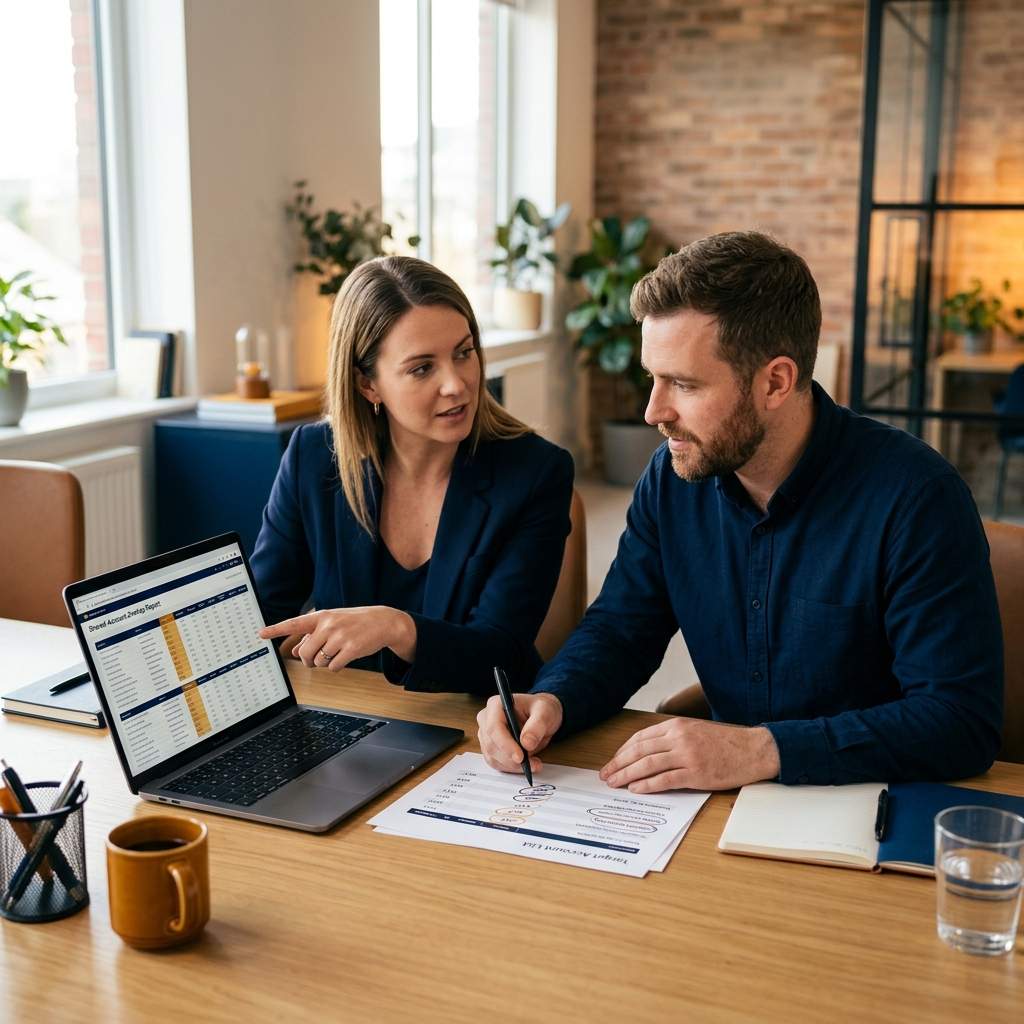 Two colleagues in a modern office discuss a laptop screen showing a spreadsheet and a printed form on the table, by a windowed wall.