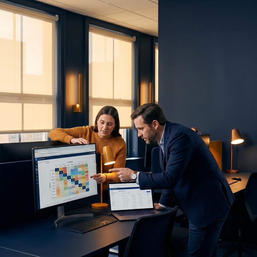 A partner manager and an account executive comparing an account-mapping tool's overlap matrix on a monitor against their CRM opportunity list, deep navy and warm amber palette