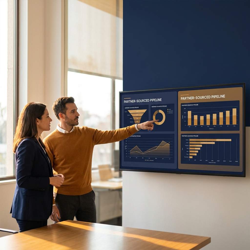 A partnerships leader and a CRO comparing two channel partner program scorecards on a wall monitor showing partner-sourced pipeline, deep navy and warm amber palette