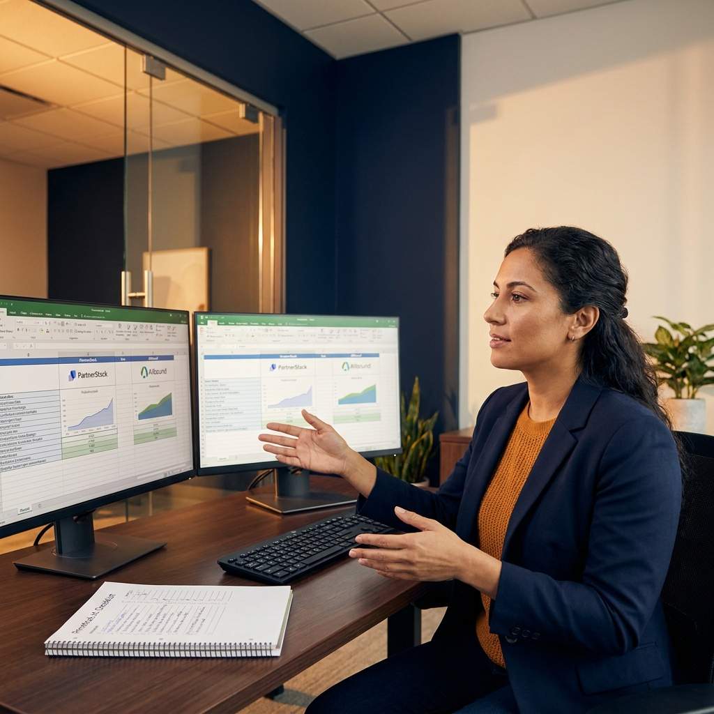 A partnerships leader comparing PRM software options on two monitors with a printed requirements checklist beside the keyboard, deep navy and warm amber palette
