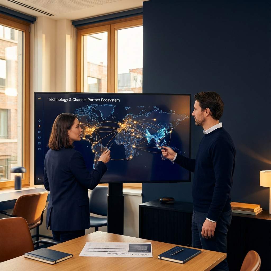 A partnerships leader and a RevOps lead mapping an ecosystem of technology and channel partners on a wall monitor with an overlap account report on the desk, deep navy and warm amber palette