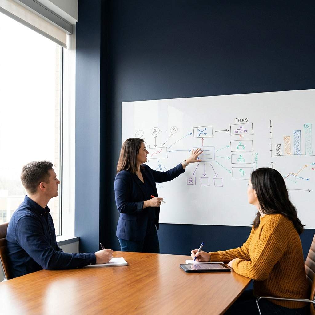 A partnerships leader presenting a business partner program structure with partner tiers and economics on a whiteboard to two RevOps colleagues, deep navy and warm amber palette