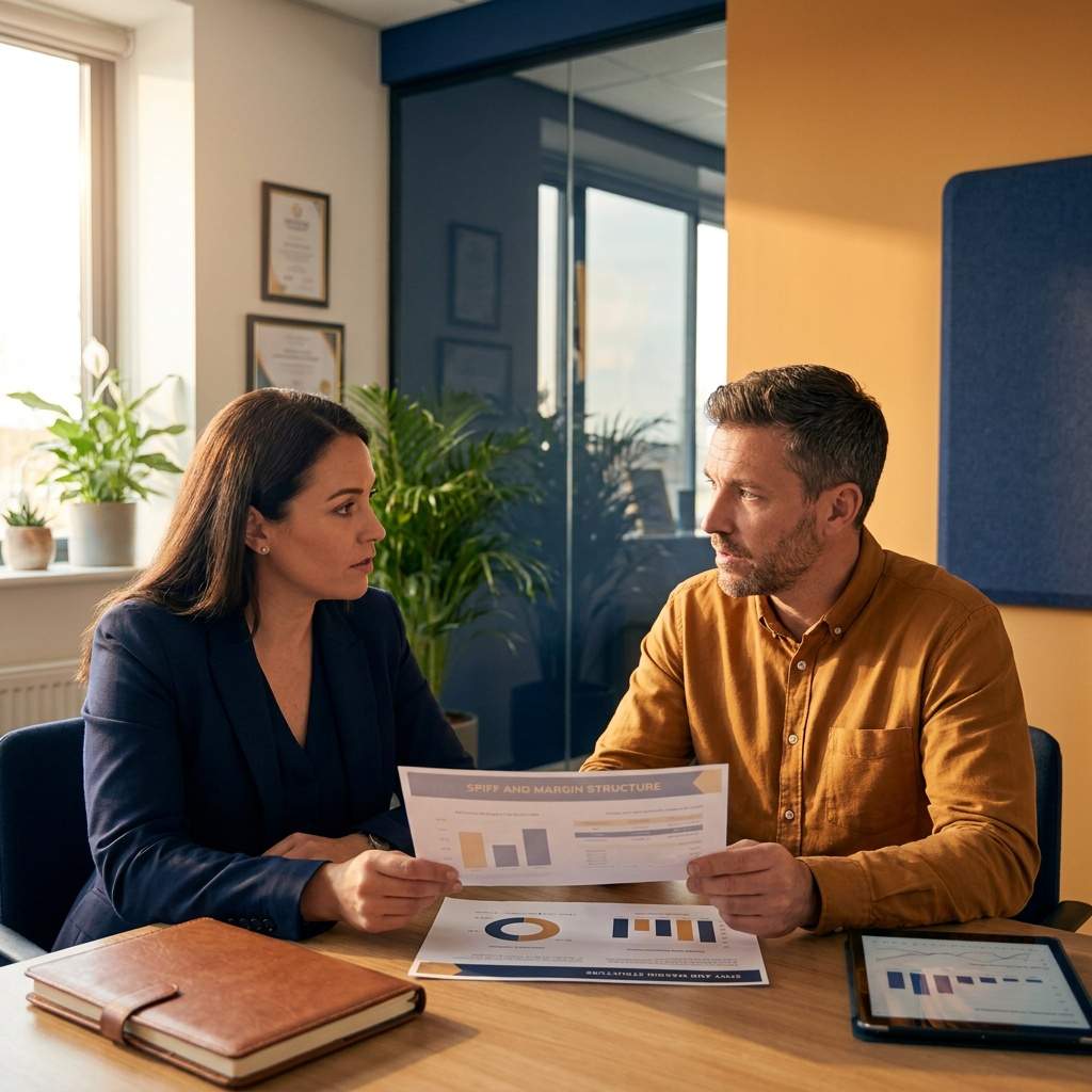 A partnerships leader and a finance partner designing a channel incentive plan at a table with a spiff and margin structure printed between them, deep navy and warm amber palette