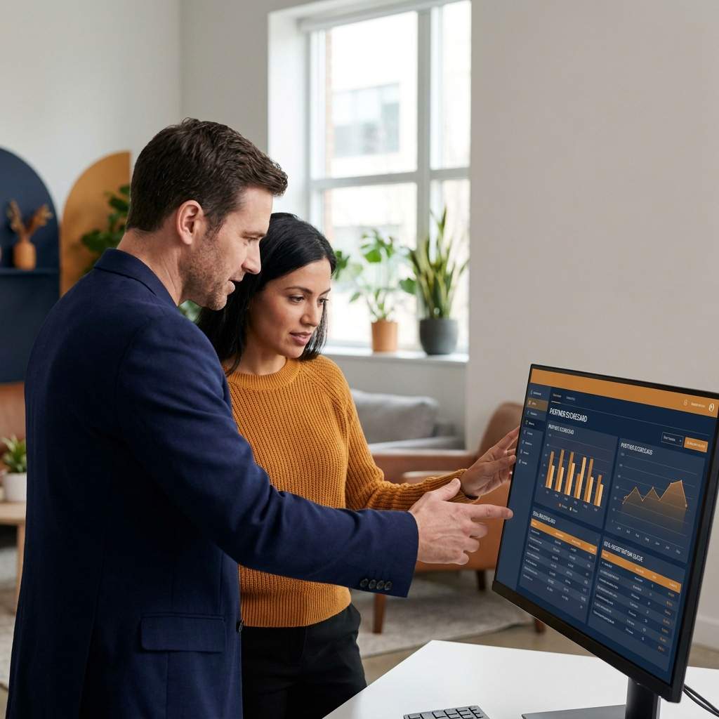 A channel leader and a RevOps analyst comparing channel management software options on a monitor with a partner scorecard and deal-registration queue visible, deep navy and warm amber palette