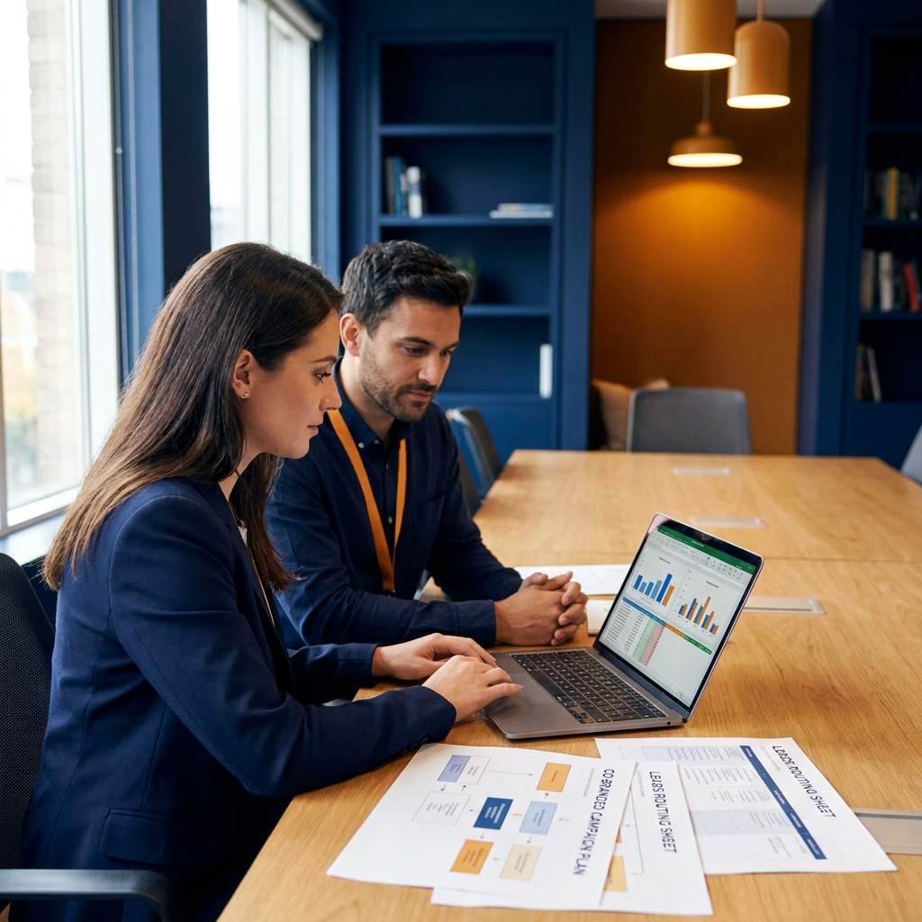 A vendor channel marketing manager and a partner's marketing lead reviewing a co-branded campaign plan and a leads-routing sheet on a laptop at a shared desk, deep navy and warm amber palette