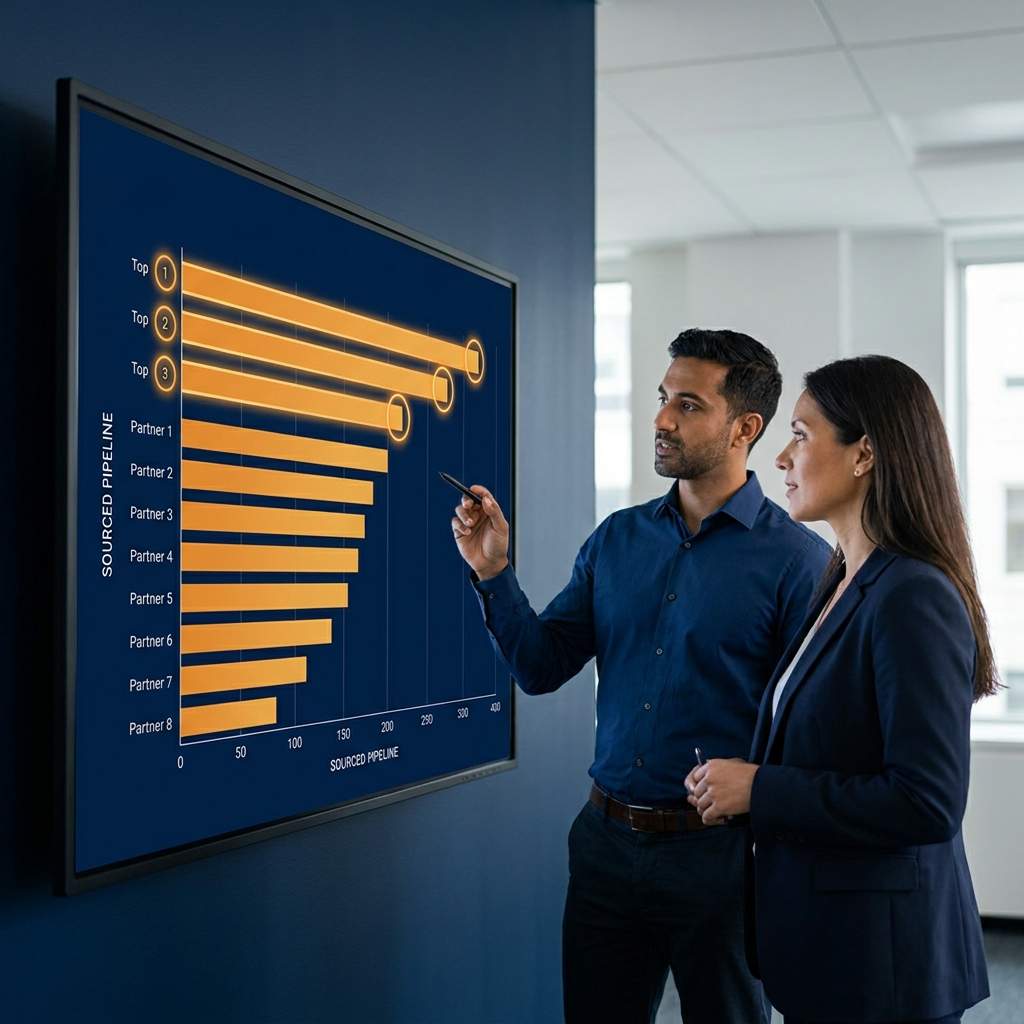 A channel leader and a RevOps analyst standing at a wall monitor, ranking partners by sourced pipeline on a bar chart and circling the three partners to concentrate on, deep navy and warm amber palette