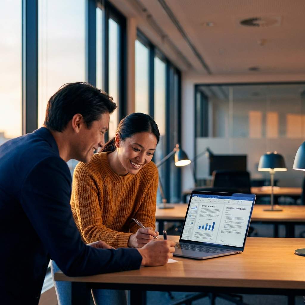A partnerships leader and a partner signing a channel agreement over a laptop showing a deal-registration and rules-of-engagement document, deep navy and warm amber palette