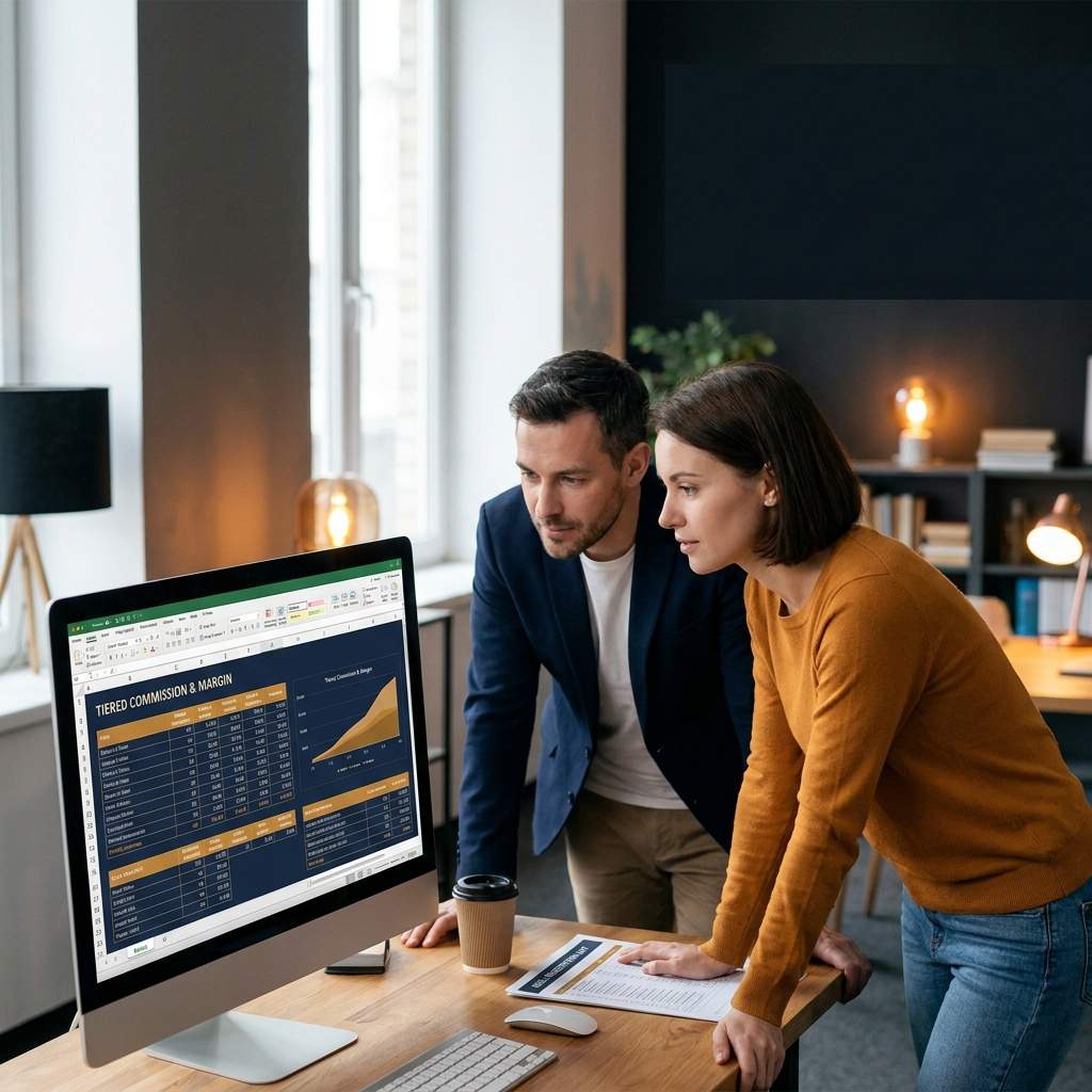 A vendor partnerships leader and a finance partner reviewing a tiered commission and margin table on a monitor with a deal registration list on the desk, deep navy and warm amber palette