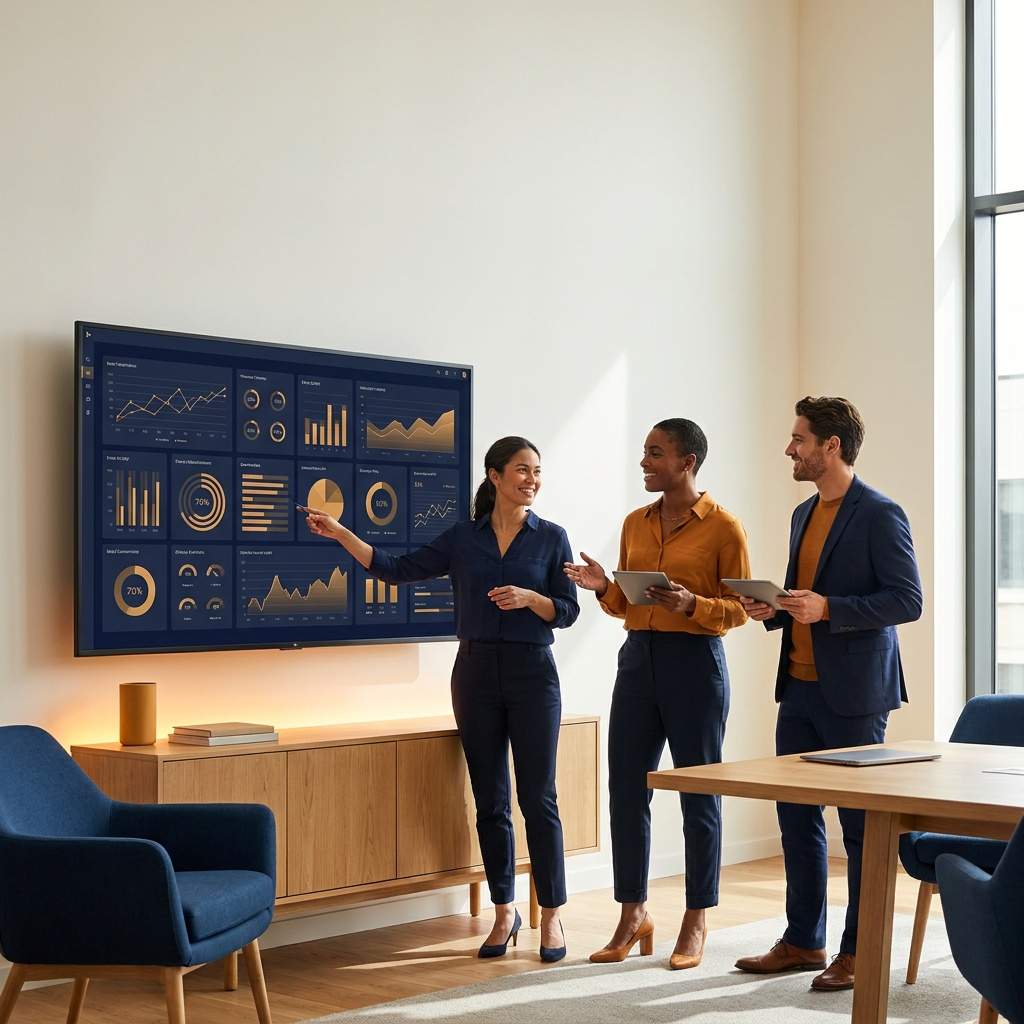 A partnerships leader and two sellers reviewing an account-overlap matrix on a wall monitor and turning shared accounts into a joint play, deep navy and warm amber palette