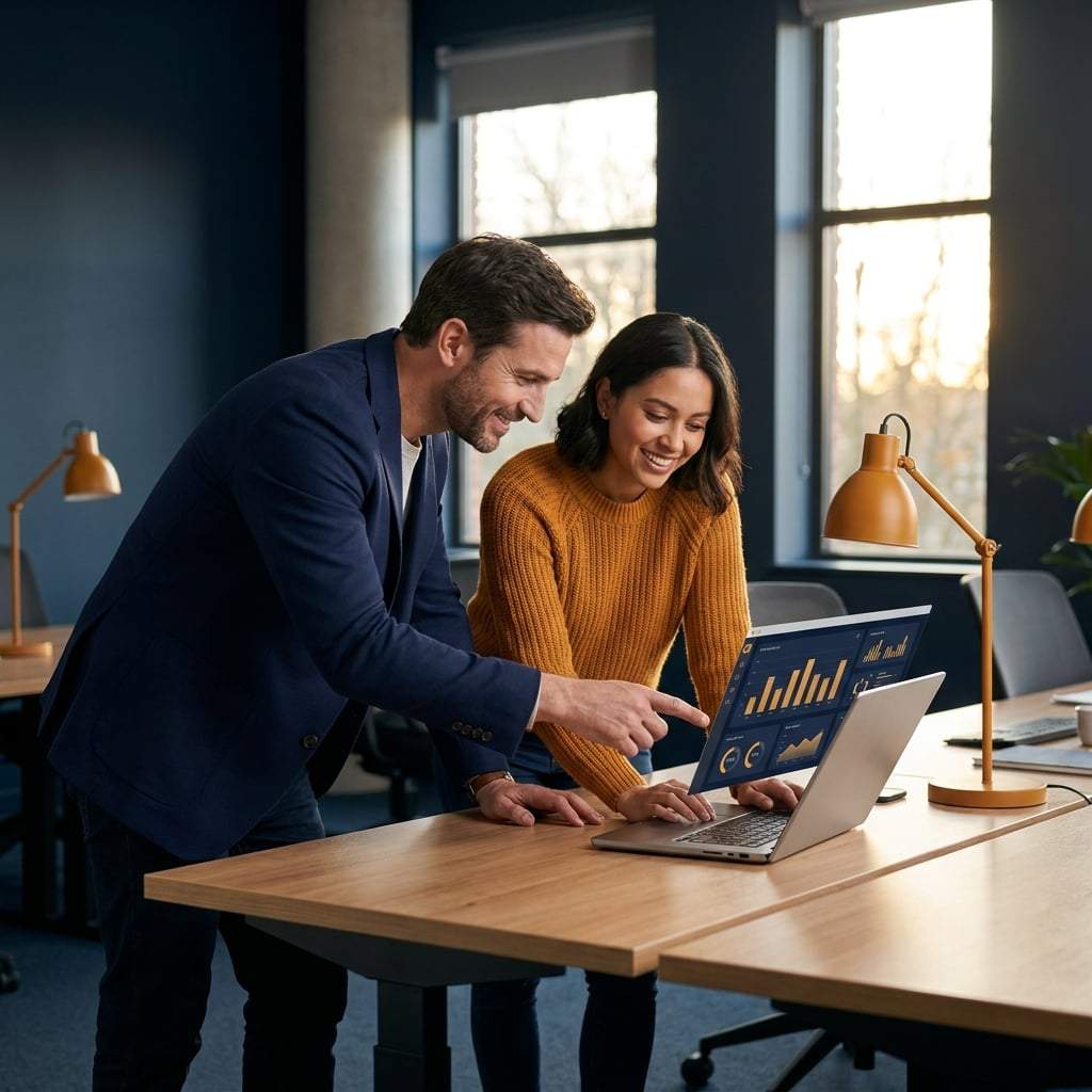 A channel manager and a partner rep reviewing a partner incentive and rewards dashboard on a laptop at a shared desk, deep navy and warm amber palette
